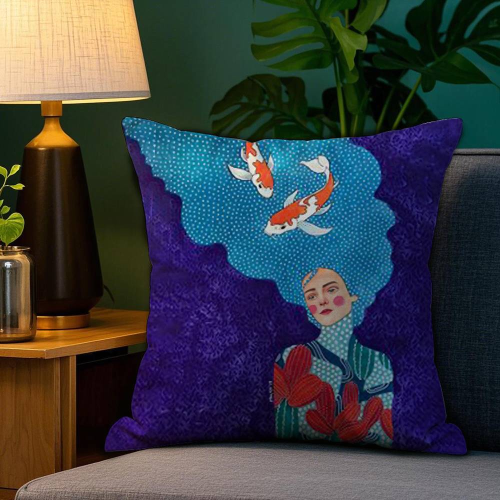 Vintage Abstract Girl Hair Flower Pillow Case Sofa Living Room Bedroom Double-sided Printing Square Cushion Nap Time Pillow Case