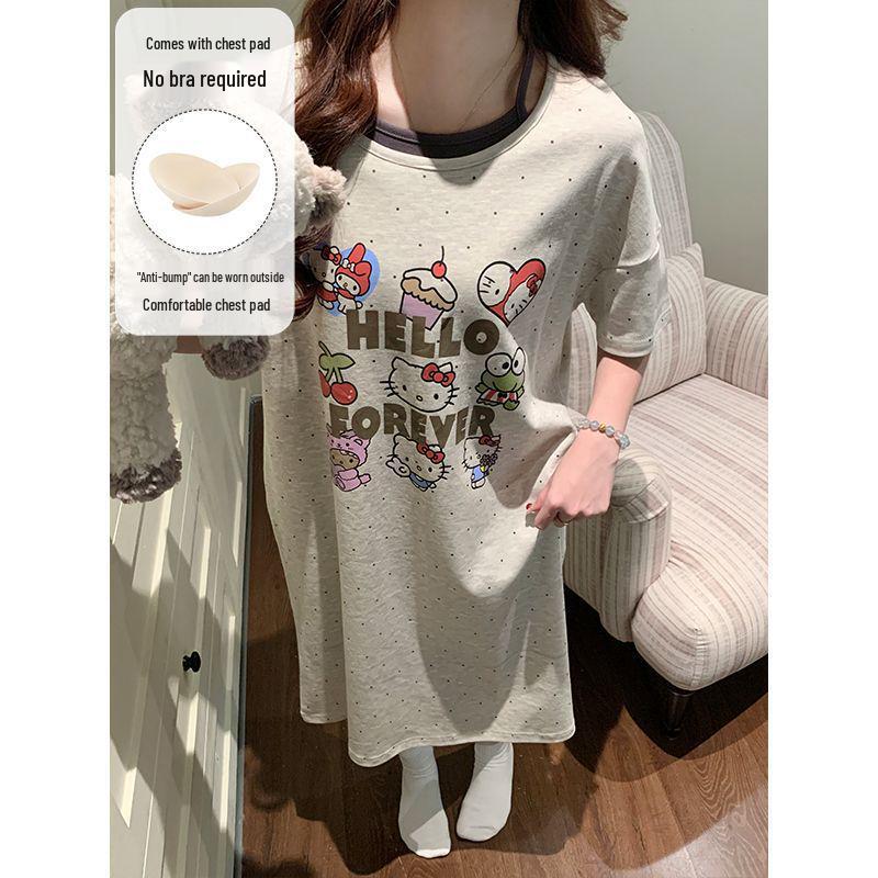 Женская серая летняя ночная рубашка с мультяшным принтом 2026 года со встроенным бюстгальтером, с круглым вырезом, коротким рукавом, против натирания сосков, тонкого покроя для ношения на улице и дома.