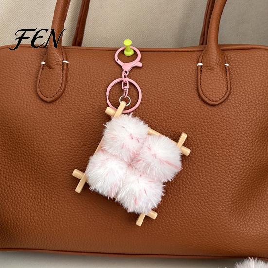 Soft Fermented Bean Curd Pendant Plush Keychain, Fluffy Doufu Bag Decoration Keychain Charm with Keyring, Backpack Handbag Purse Accessories