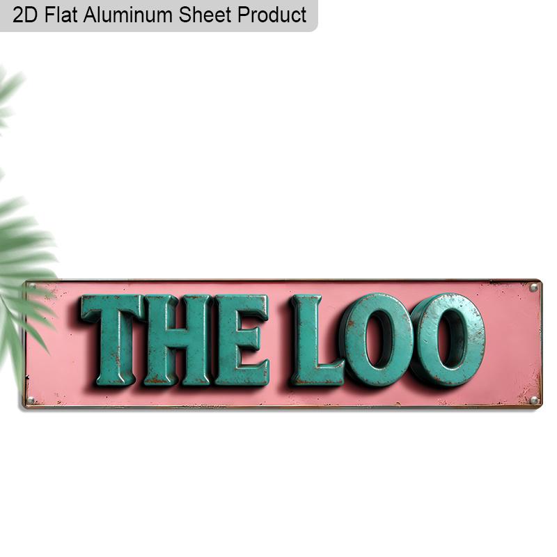 2D Flat 1pc Vintage British Humor Aluminum Sign "THE LOO" with Distressed Pink Background & Green Letters 15.7x3.94 Inch, Retro Metal Wall Plaque for