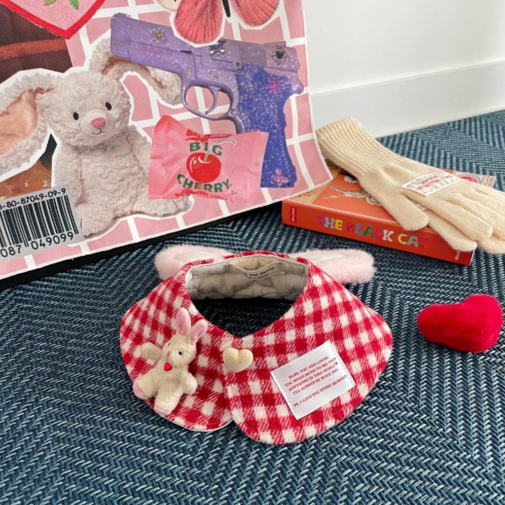 Plush Rabbit Ear Kitten Saliva Towel Lattice Pattern Scarf Adjustable Cat Dog Bandana Puppy Collar Pet Winter Cloak