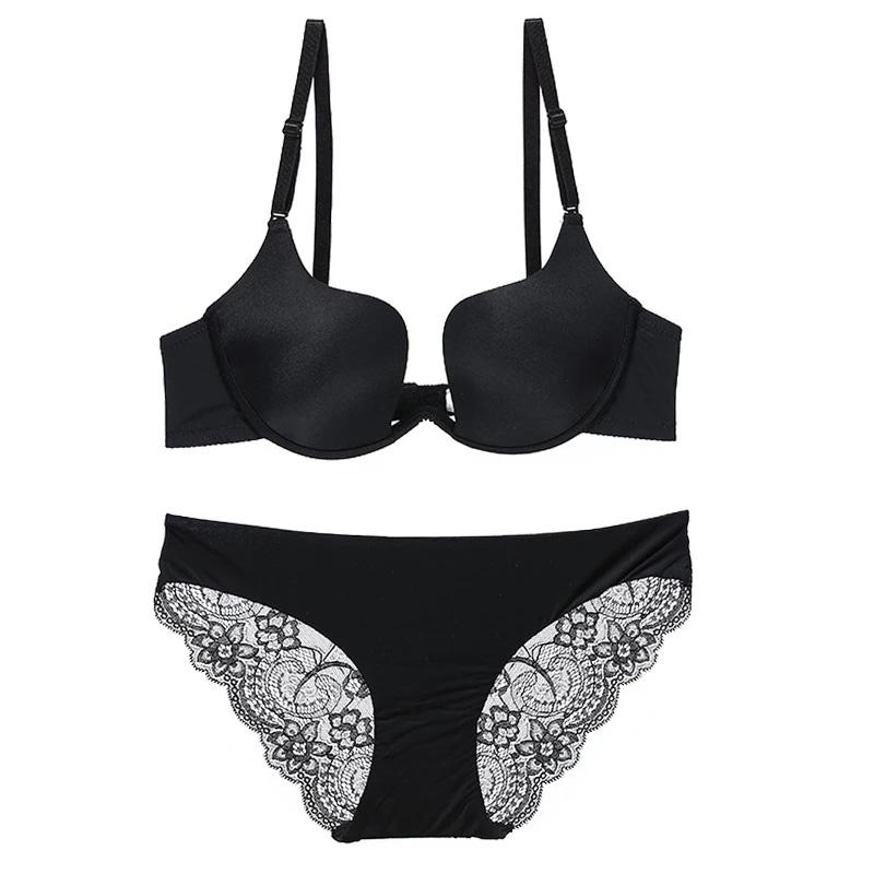 Women's Half-cup Bra Set Sexy Gather U-shaped Bra Simple Glossy Brassiere Top Thin Bottom Thick Underwear Set Adjustable Low-cut Off Shoulder Bra Set