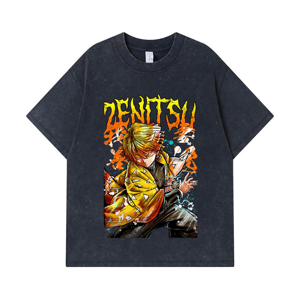 275 GSM Washed T-shirts 100% Cotton Demon Slayer V87 Zenitsu Print Unisex Heavy Cotton T Shirt