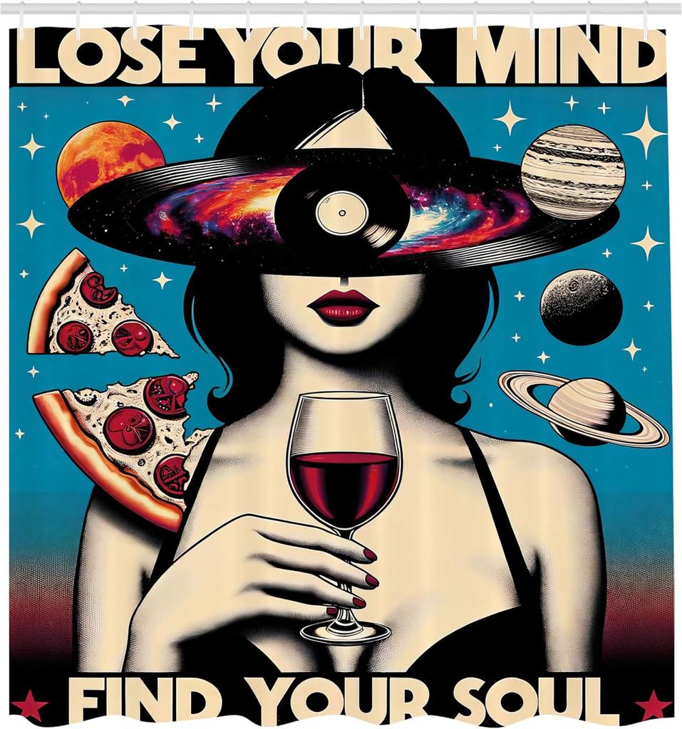 Vintage Shower Curtain, Galaxy Themed Retrospective Lose Your Mind Lettering Woman Vine Mars, Cloth Fabric Bathroom De