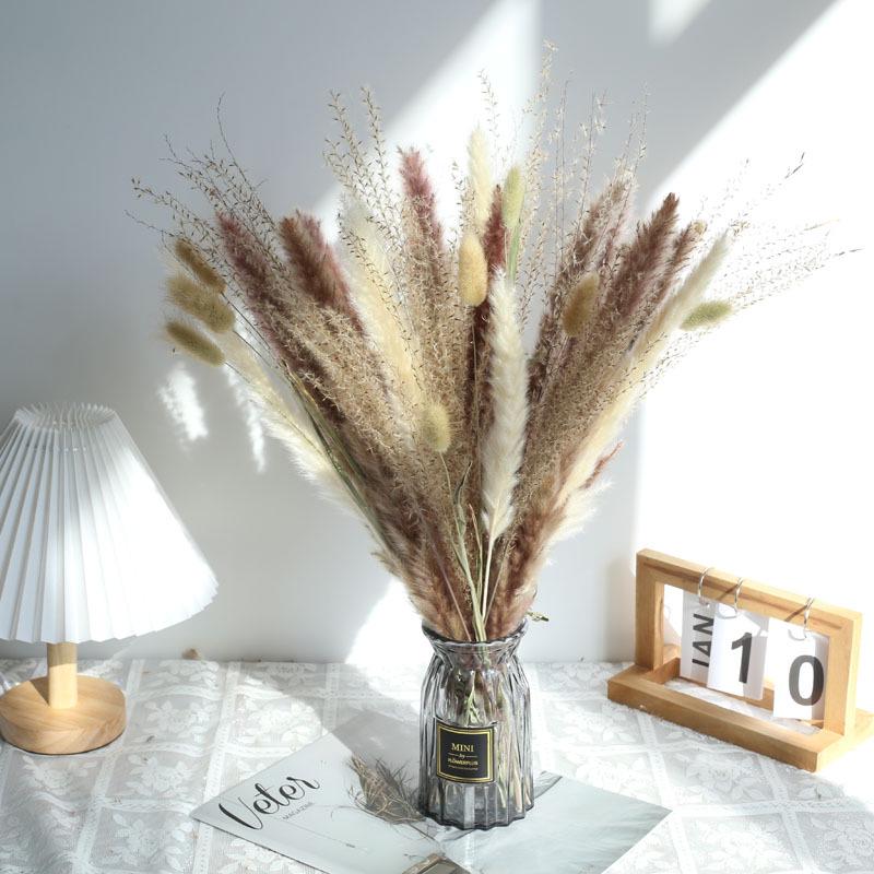 Nordic Style Mixed Dried Flower Bouquets with Reeds, Dusters, Golden Balls, and Lagurus Ornaments for Home Decor.
