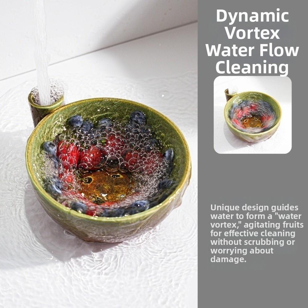 Ceramic Fruit Washing Bowl Built-In Drain Slots Fruit Rinse Bowl Berry Swirl Bowl Table Serving