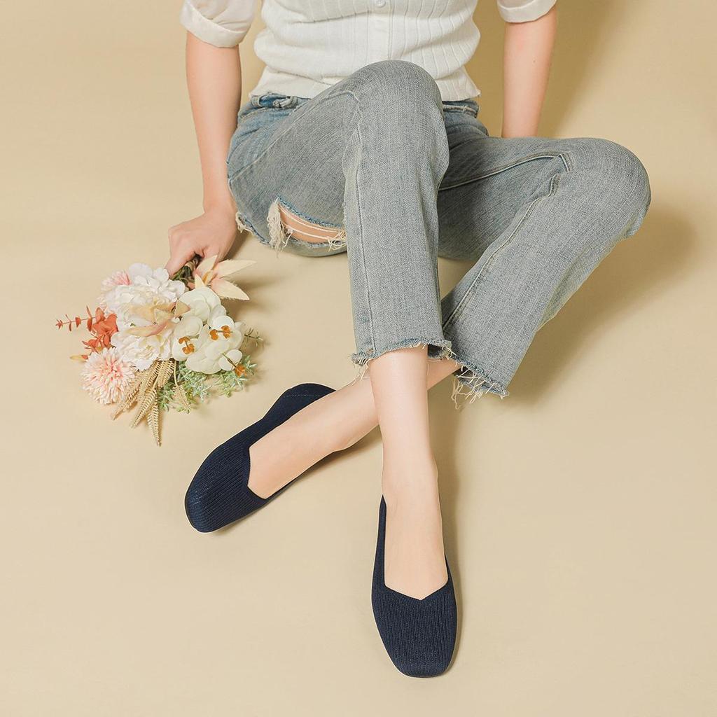 Квадратный носок, неглубокий вырез, ткань, плоская подошва, однотонный трикотаж, мягкая подошва, большой размер 34-43