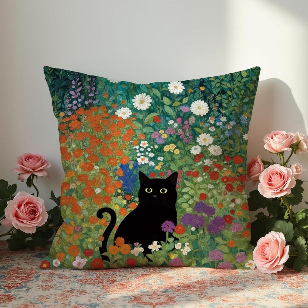 Boho Abstract Floral Black Cat Pillow Covers 18x18, Black Cat Gifts for Women, Cats Mom Lady Grandma Gifts, Whimsical Wildflower Kitten Decorative