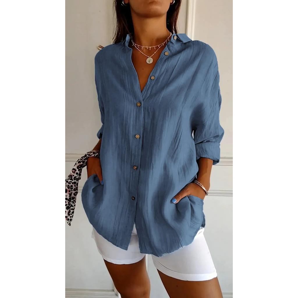 IHUASU Single Breasted Pleated Lapel Shirt Women's Solid Color Pull-up Sleeve Top