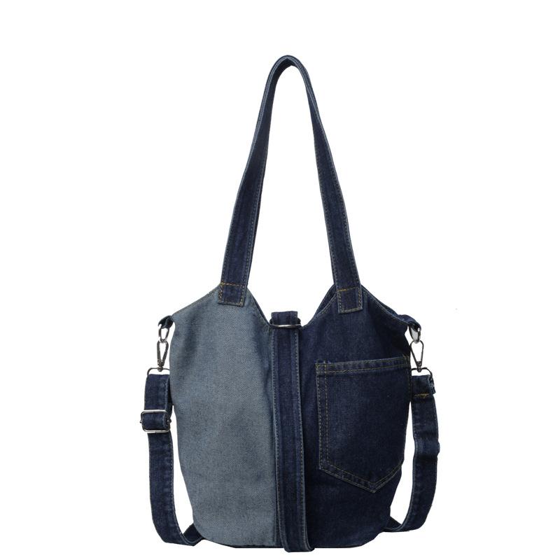 Niche Bucket Canvas Bag Women's Bag Literary Fashion Hand Bill Shoulder Bag Patchwork Denim Crossbody Bag