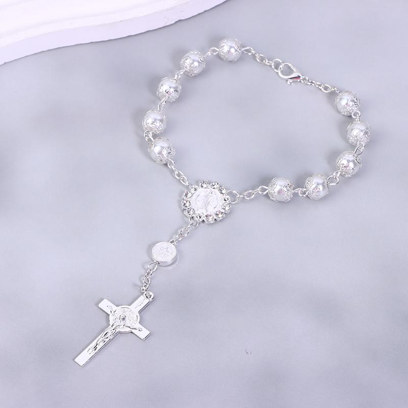 Car Pendant Bling Retro Imitation Pearl Metal Jesus Cross Car Rear View Mirror Hanging Ornament Cross Hanging Decoration