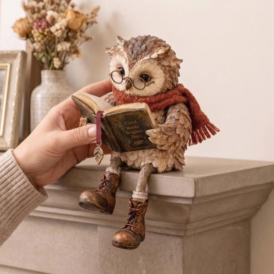 Фигурка совы для книжной полки, Фигурка для чтения, Креативная статуэтка в очках, с шарфом, в ботинках и с открытой книгой, Животные-украшения в стиле кантри, Скульптура
