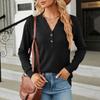 Women's Autumn And Winter Solid Color Models Solid Color V-neck T-shirt Buttons Decorated Loose Long-sleeved Tops