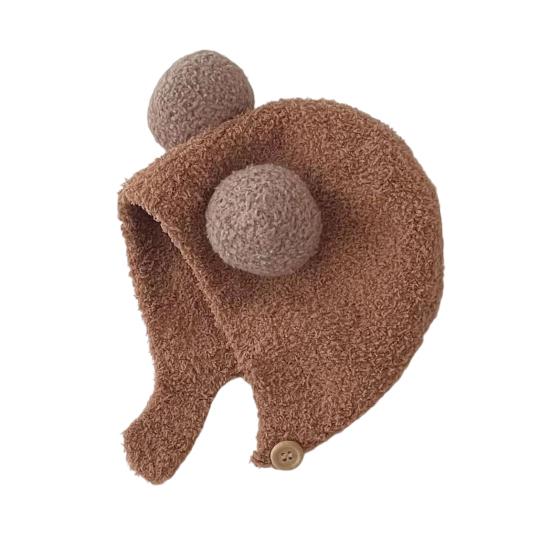 Children Hat with Bear Ear Design Solid Color Button Closure Elastic Breathable Winter Cap Cold Weather Accessory
