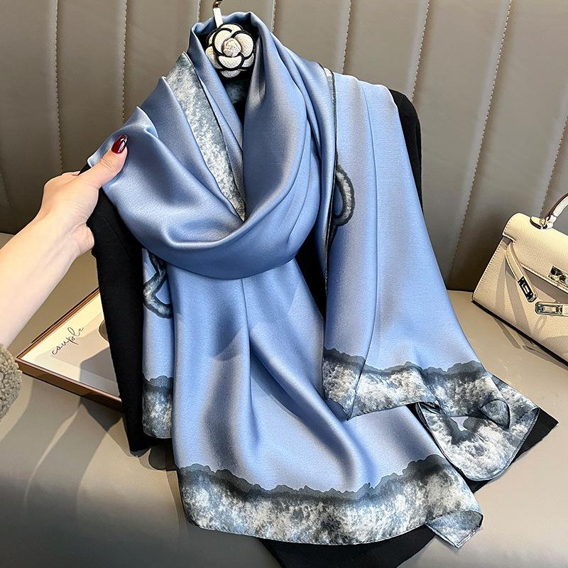 90X180CM Spring and Autumn Blue Camellia Fashion Summer Sunscreen Beach Scarves Scarves Shawl Temperament Scarf Holiday Scarf