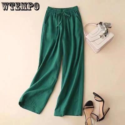 Хлопковые и льняные укороченные брюки с широкими штанинами для лета, женские свободные повседневные брюки с высокой талией и прямыми штанинами