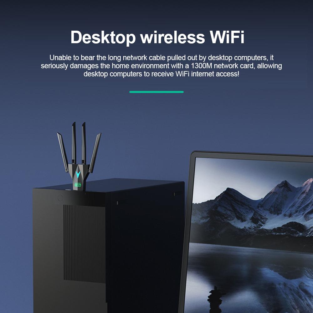 Двухдиапазонный WiFi-адаптер 1300 Мбит/с с 4 антеннами для Windows 7/10/11 - Не требует драйверов