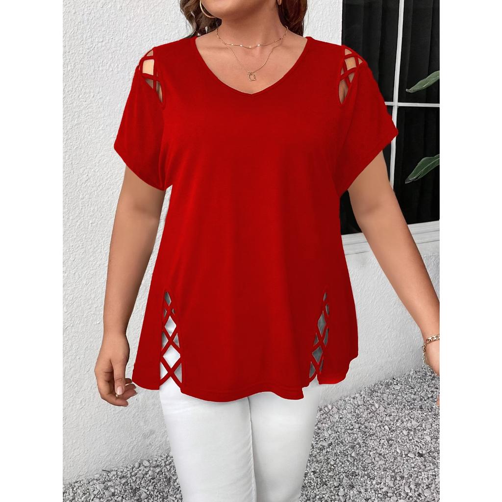 Однотонный короткий рукав с перекрестными бретелями модные элегантные женские топы больших размеров футболка