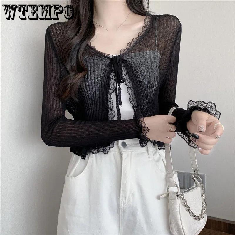 Summer Lace Cropped Sunscreen Cardigans Women New Basics Slim Lace-up Long Sleeve Thin See Through Knitted Tops 4 Colors