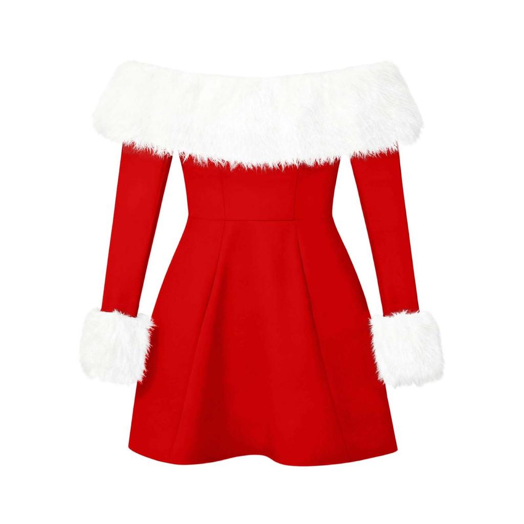 Рождественское женское модное платье с открытыми плечами, бархатной юбкой с меховой отделкой и длинными рукавами, однотонное