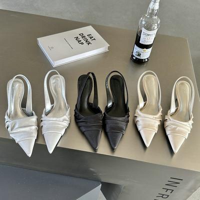 Мода 2025 Осень Новые Кожаные Плиссированные Маленькие Остроносые Высокие Каблуки С Шелковым Носком Сандалии Женские Серебристые Вечерние Туфли