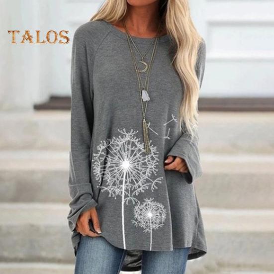 Женская туника больших размеров с принтом одуванчика, удлиненная рубашка с круглым вырезом и длинными рукавами, футболка-пуловер свободного кроя для работы, повседневной жизни