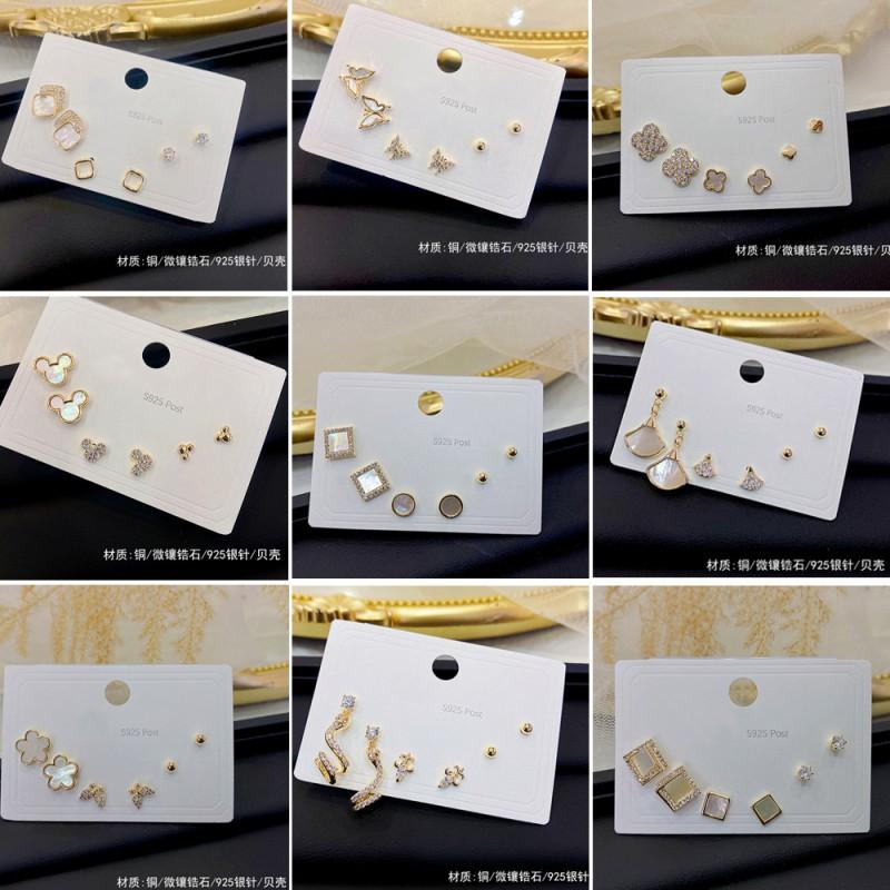 Minimalist Stud Earrings Set 3 Pairs Gold Tone CZ Geometric Floral Design Women Daily Wear