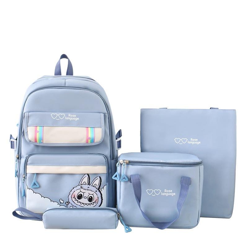 New Student Schoolbag Large Capacity Cartoon Four Piece Set Backpack Cute Primary and Secondary School Students Backpack Meal Bag Tutoring Bag