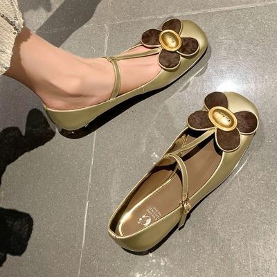 Туфли на высоком каблуке с маленьким цветком маргаритки, для бар-мицвы, французские туфли Мэри Джейн, квадратный носок, Т-образная застежка, золотые одинарные туфли, женские