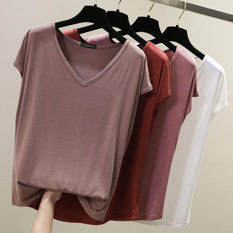 Solid V Neck Basic Tshirt Women Summer Modal Loose Tee Tops Casual Undershirt