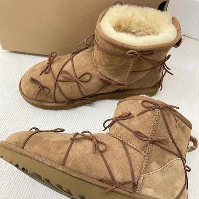 Женские ботильоны с бантом на меховой платформе, высокие зимние сапоги на плоской подошве из замши и плюша, теплая хлопковая обувь, зима 2025 года, модные дизайнерские удобные ботинки для женщин