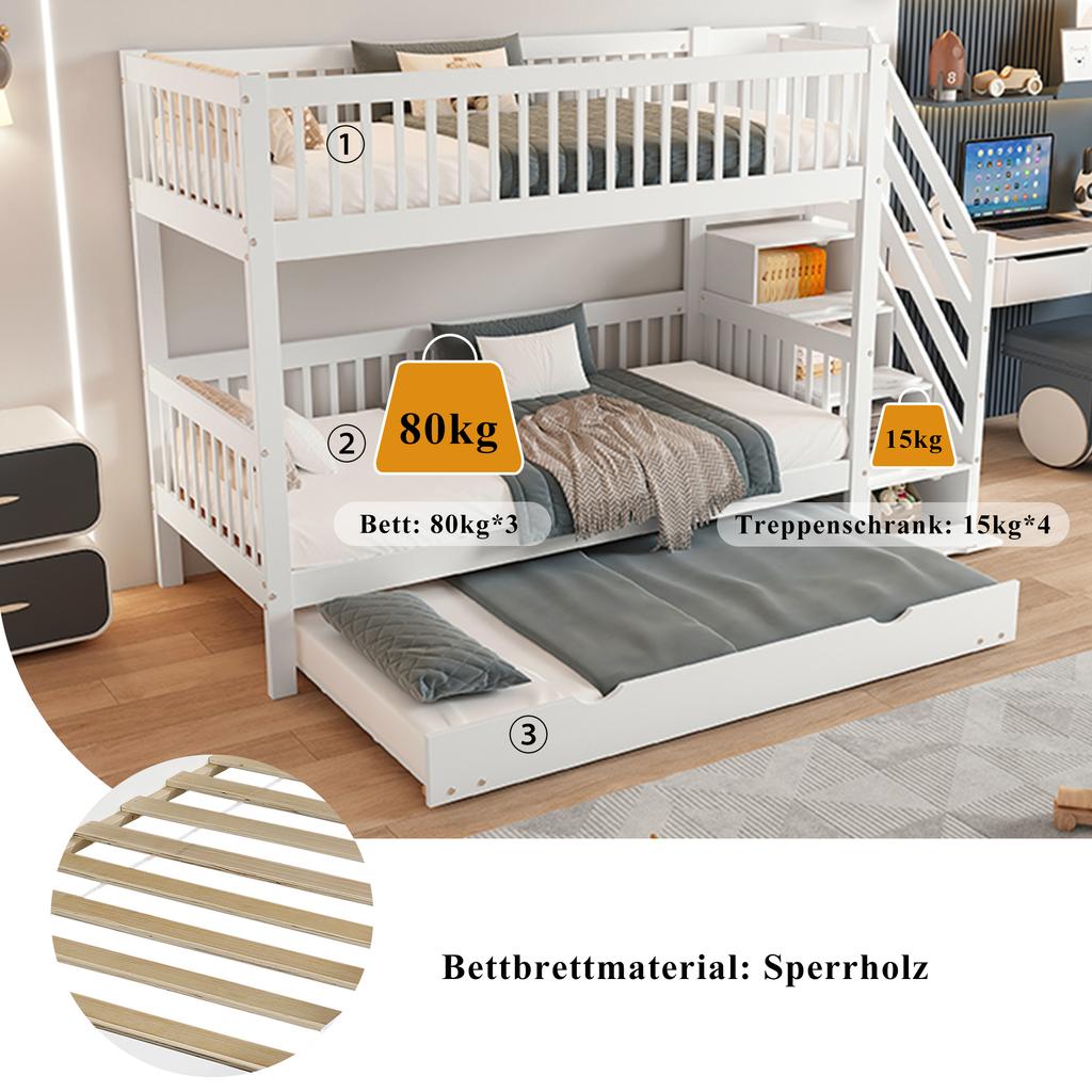 [53133456WAA]Bunk Bed with Trundle Bed, Ladder Cabinet and Handrail, Fall Protection Rail on All Sides, Pine+MDF, White, 90x200/190cm