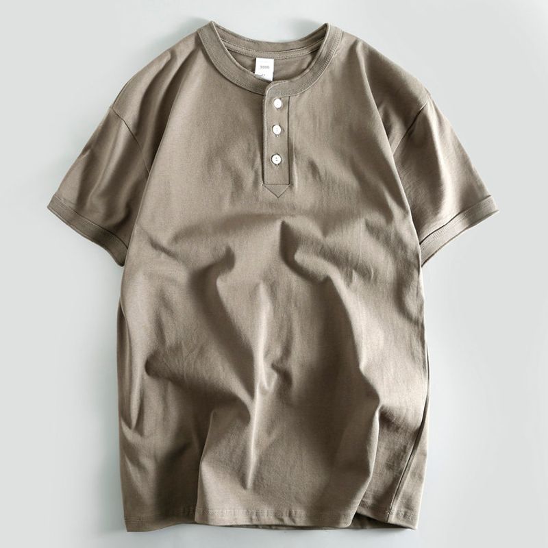 Export Short-Sleeved T-shirt Henry Collar Three-Button Summer Pure Cotton Men's Half Sleeve Wear Bottoming Shirt Tail Goods Cut Label T-shirt Fashion