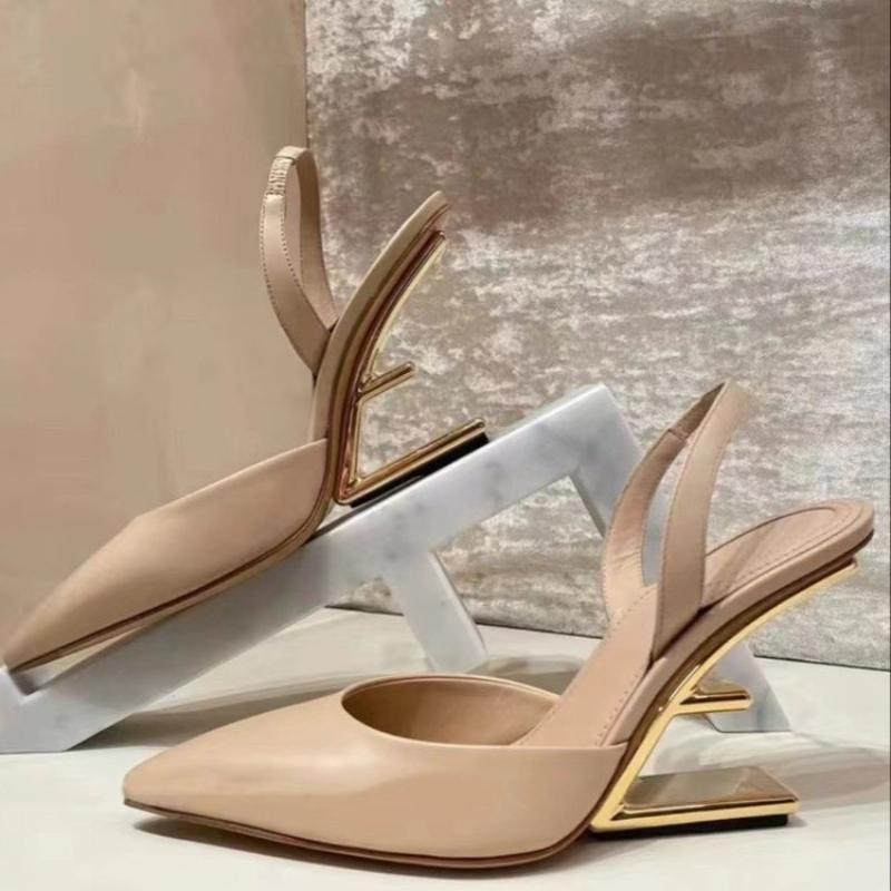 Fashion Shaped Heel Pointed Toe Shoes Novelty Design Leather Sandals Summer Black High Heels for Women Metal Heel Fashion Ladies Wedges