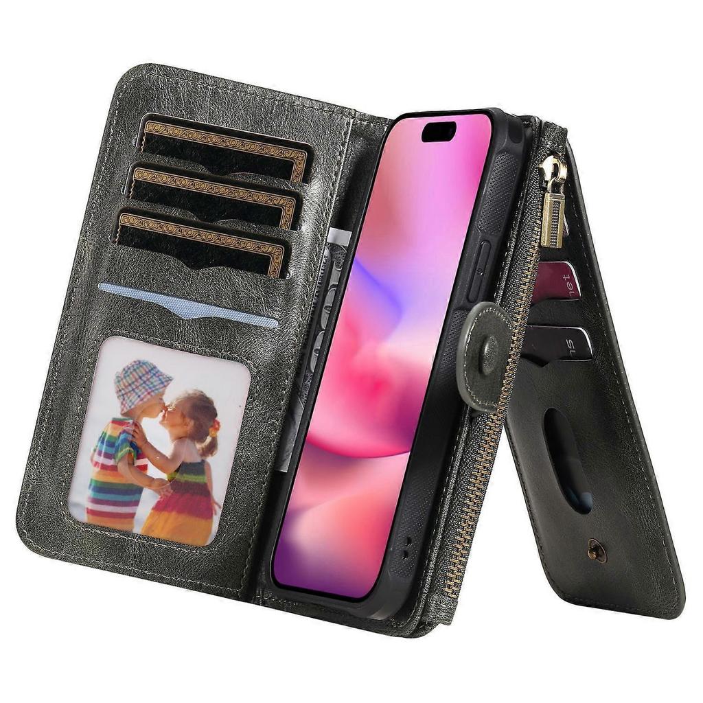 KT Multi-Functional Series-3 For iPhone 16 Phone Case PU Leather Zipper Wallet Detachable Cover - Bl