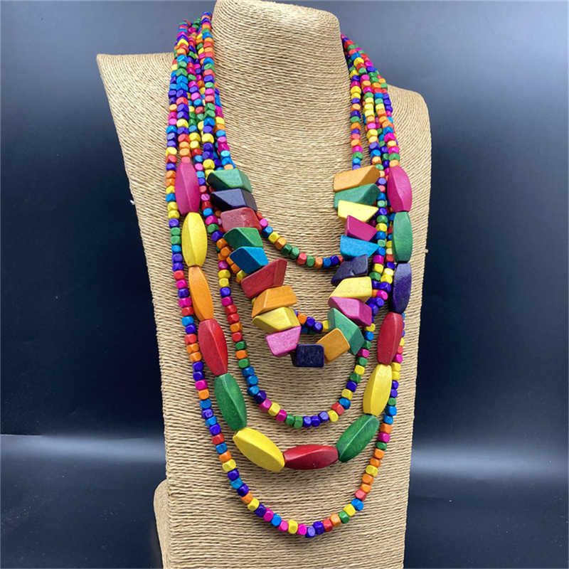 Long Necklace Retro Ethnic Style Multi-Layer Geometry Beach Pastoral Style Wood Colorfull