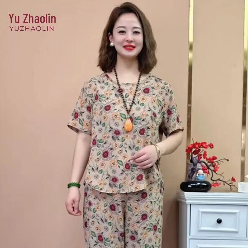 YUZHAOLIN Женский летний комплект из двух предметов с цветочным принтом и короткими рукавами для женщин среднего возраста