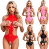 Womens Wet Look Patent Leather Bodysuit Mock Neck Sleeveless Tempting Catsuit Jumpsuit Nightwear