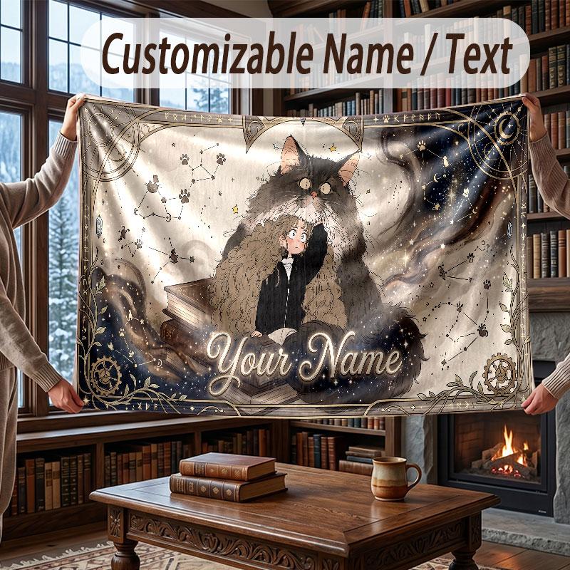 Cat Theme Throw Blanket Custom Name Text Personalized Blanket Soft Cozy Blanket for Home Sofa Bed