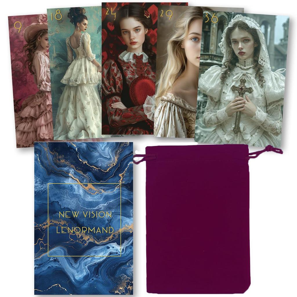 [Officially Imported, Limited Quantity] New Vision Lenormand | Lenormand Cards, 39-Piece Set [Includes Drawstring Pouch] | 62 X 100mm Black Cardstock
