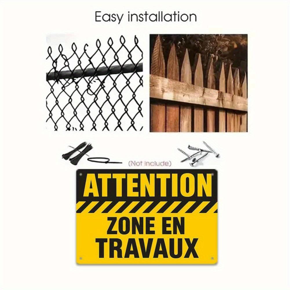 2D Flat, 1pc Vintage French Aluminum Sign "ATTENTION ZONE EN TRAVAUX" for Office Decoration, UV Ink Printed, Durable