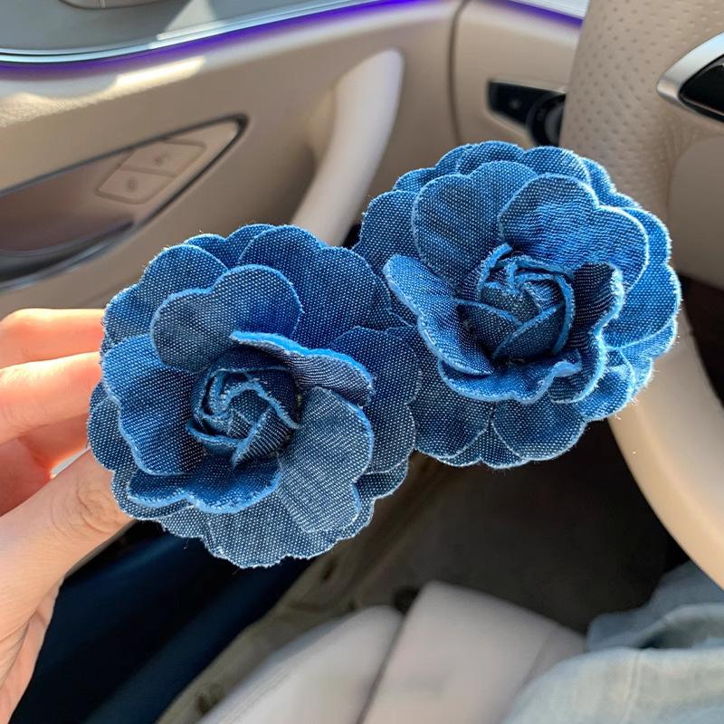 Retro Denim Blue High-end Feeling Rose Flower Clip Banana Ins Atmosphere Back Of Head Disheveled Hair Shark