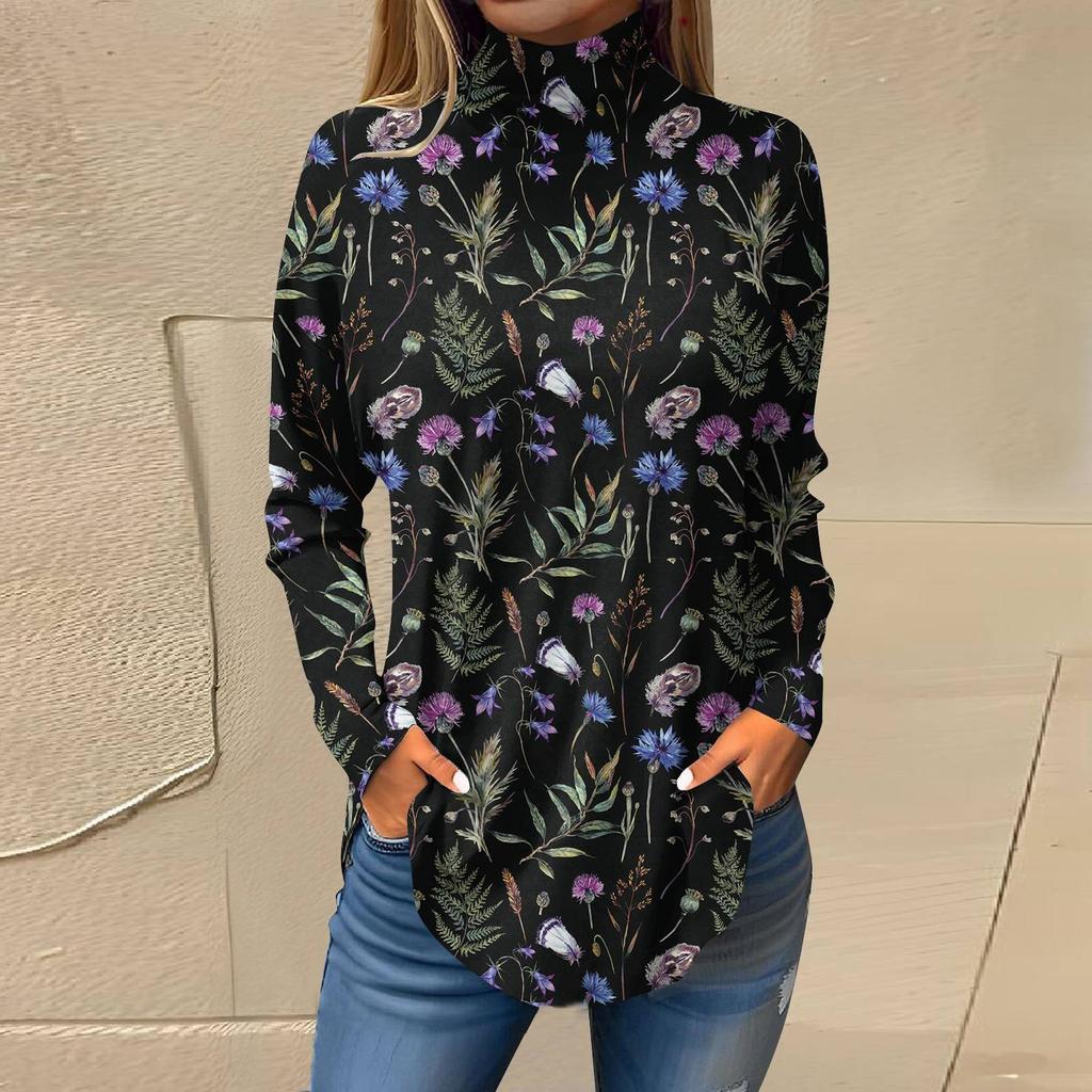 Женская свободная футболка с высоким воротом и длинными рукавами с цветочным принтом в стиле ретро, топ-пуловер