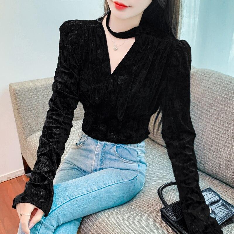 Сексуальная бархатная женская блузка, осенний винтажный стиль, французский шарф с запахом на талии, топы с v-образным вырезом, плиссированная футболка с длинным рукавом, приталенная футболка 29072