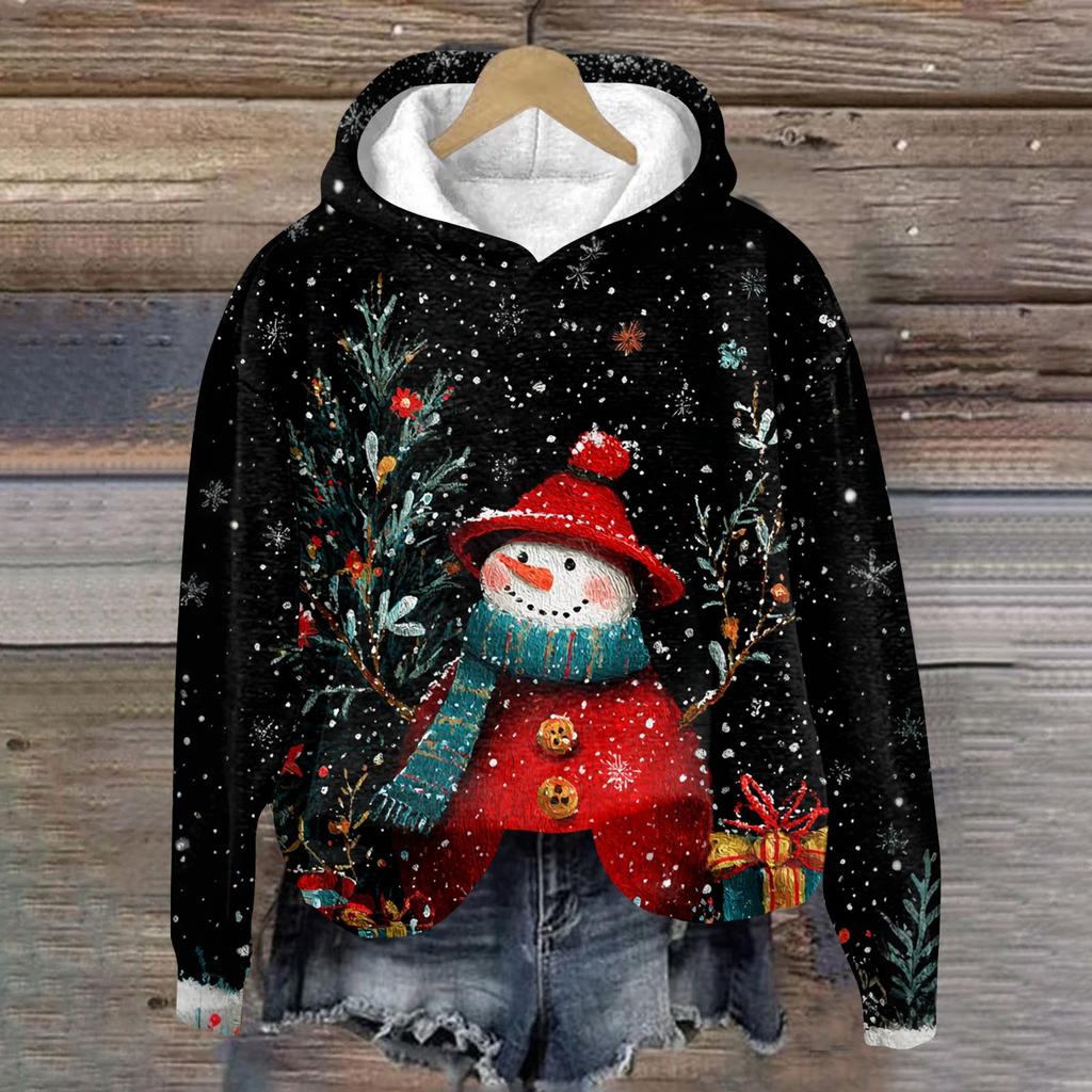 Women's Fashion Long Sleeve Christmas Print Loose Hooded Sweatshirt Top