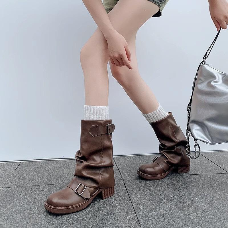Vintage Western Cowboy Boots Women's 2025 Pleated Pile Boots Round Head Chubby Heel Belt Buckle Medium Pants Tube Knight Boots