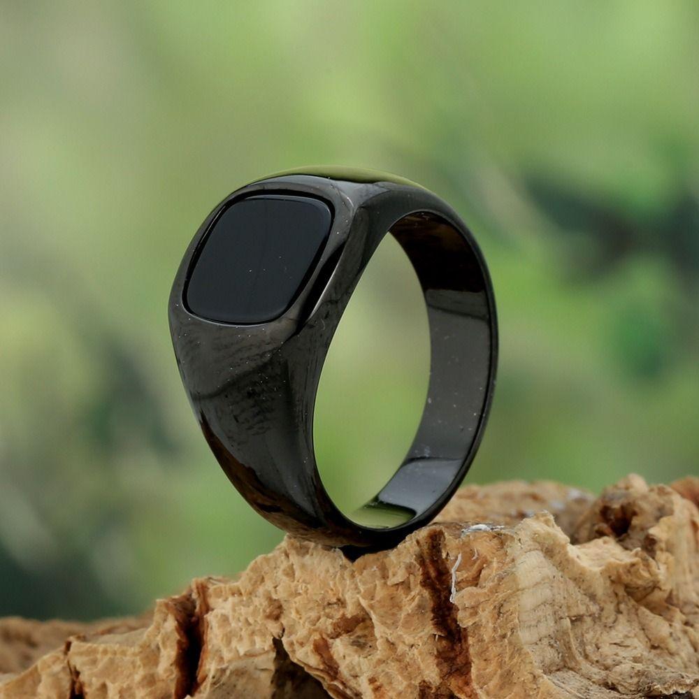 Square Retro Black Rings Jewelry Glass Stone Rings Simple Black Stone Square Ring Funerals