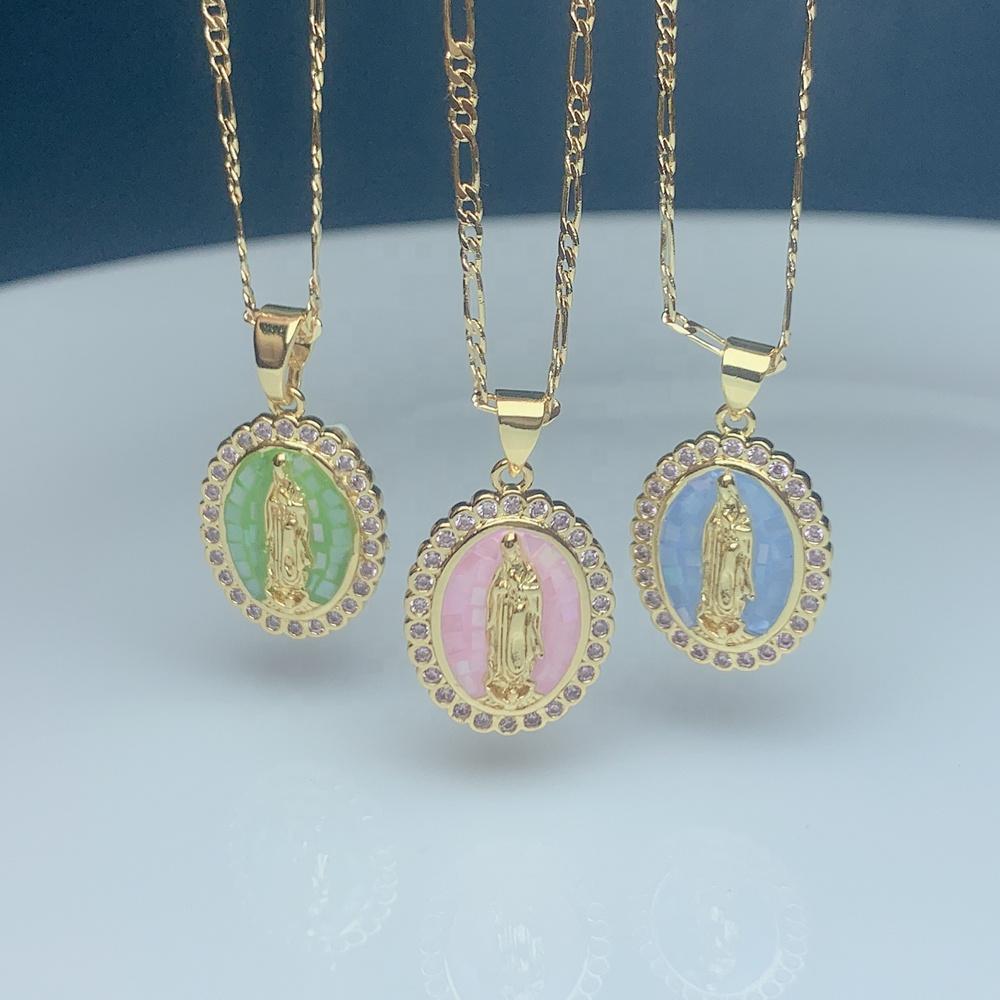 Our Lady of Guadalupe Virgin Necklaces for Women Figaro Chain Zircon Blue Green Pink Shell Pendant Holy Religion Jewelry