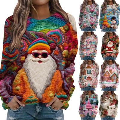 Женская повседневная мода 3D рождественский принт длинный рукав O-образный вырез пуловер топ