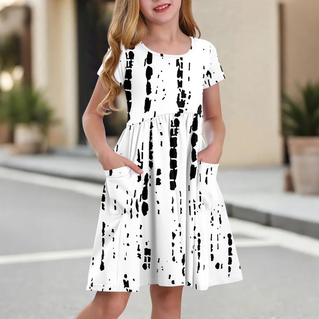 Детская юбка с круглым вырезом и коротким рукавом, платье принцессы, модное повседневное платье с карманами для девочек